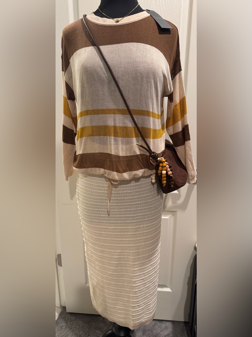 Bundle Stripped Lightweight Knit Top, Knit skirt, Suede Bag and Necklace